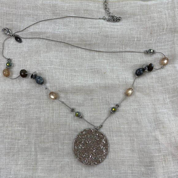Chicos Statement Necklace Beaded Green Brown Silver Enameled Pendant Reversible - Picture 6 of 9